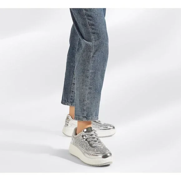 Lucky Step Women's Silver Platform Sneakers Rhinestone Fashion Chunky Shoes - Picture 2 of 9